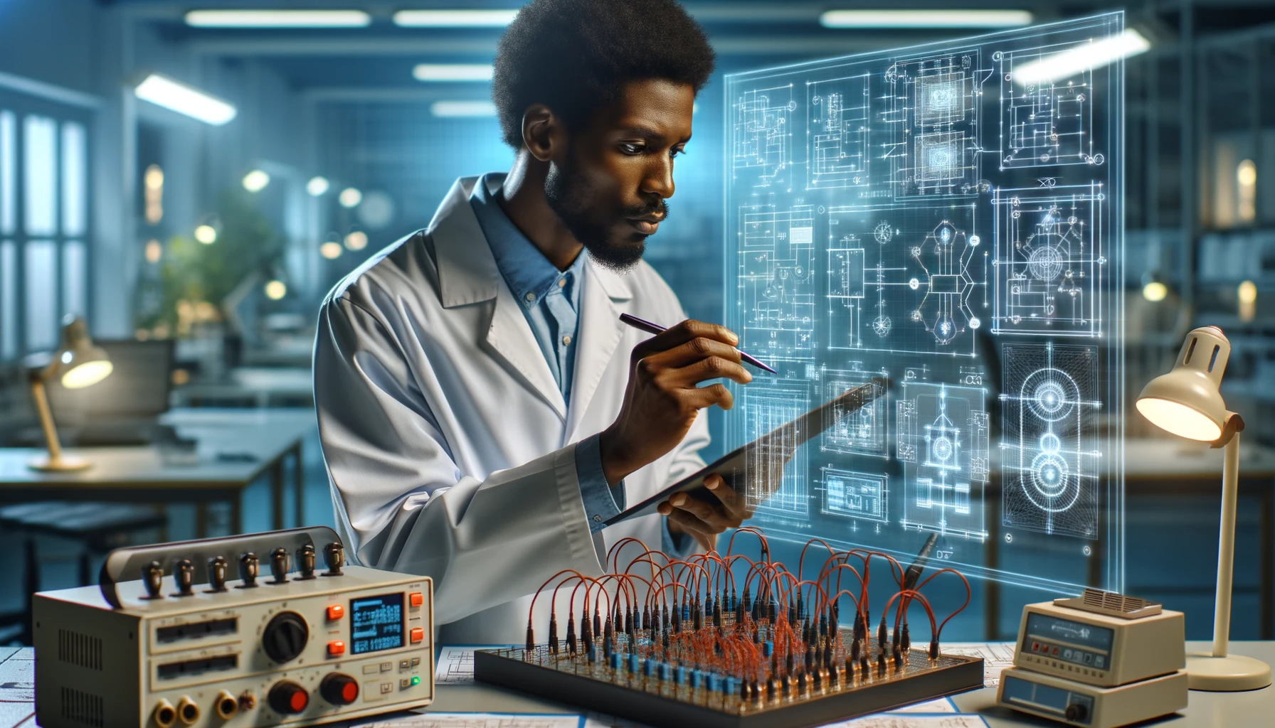 DALL·E 2023-11-02 16.44.51 – Illustration of an electrical engineer with African descent in a lab coat designing an electrical system on a transparent digital screen, with schemat
